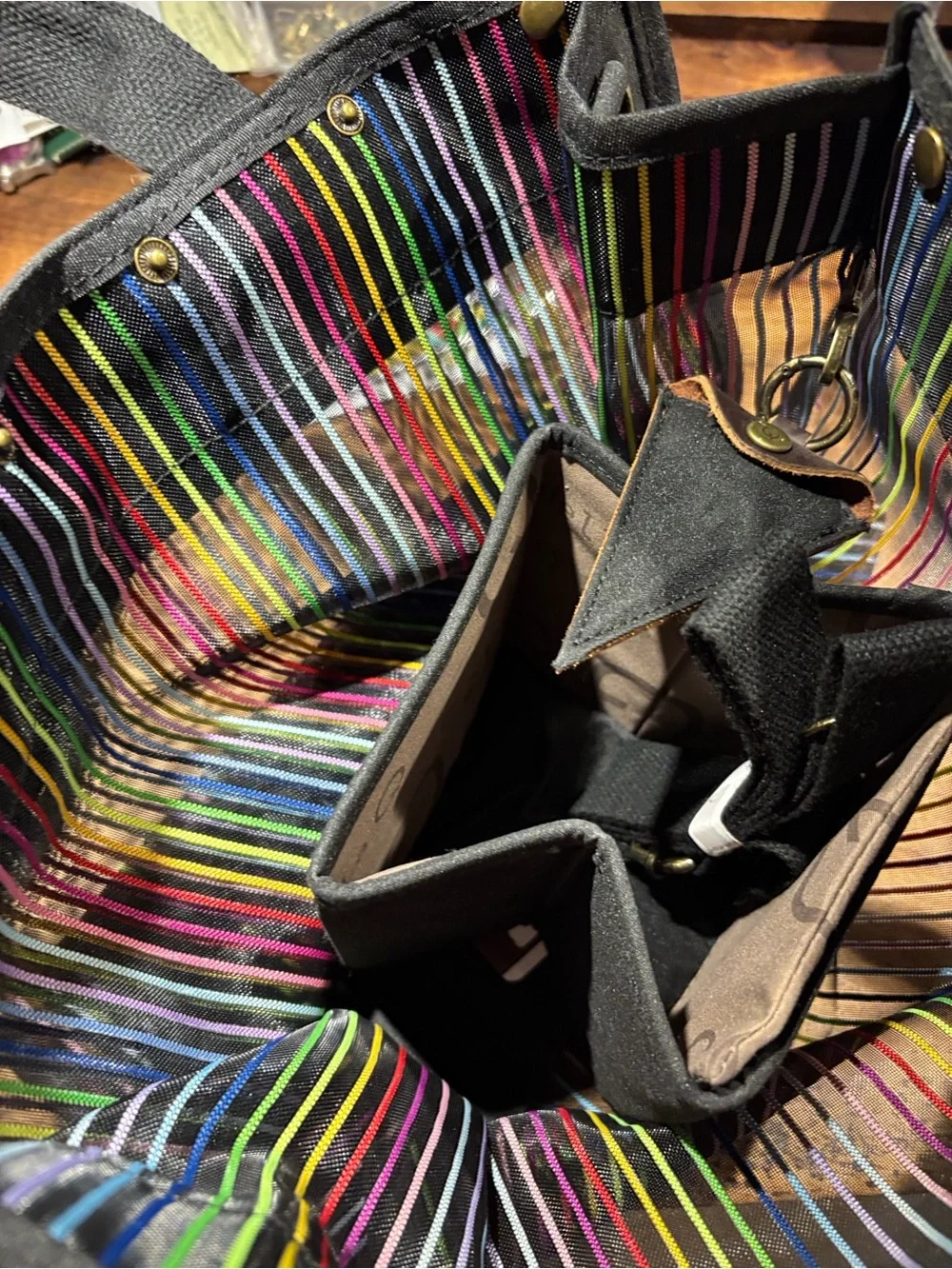 Dell Black Tote with Multicolored Vertical Stripes